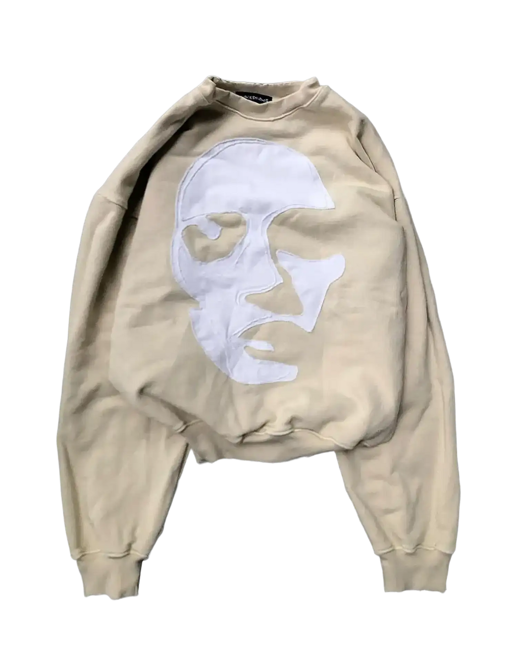Beige oversized crewneck sweatshirt with white frayed face appliqué and dropped shoulders