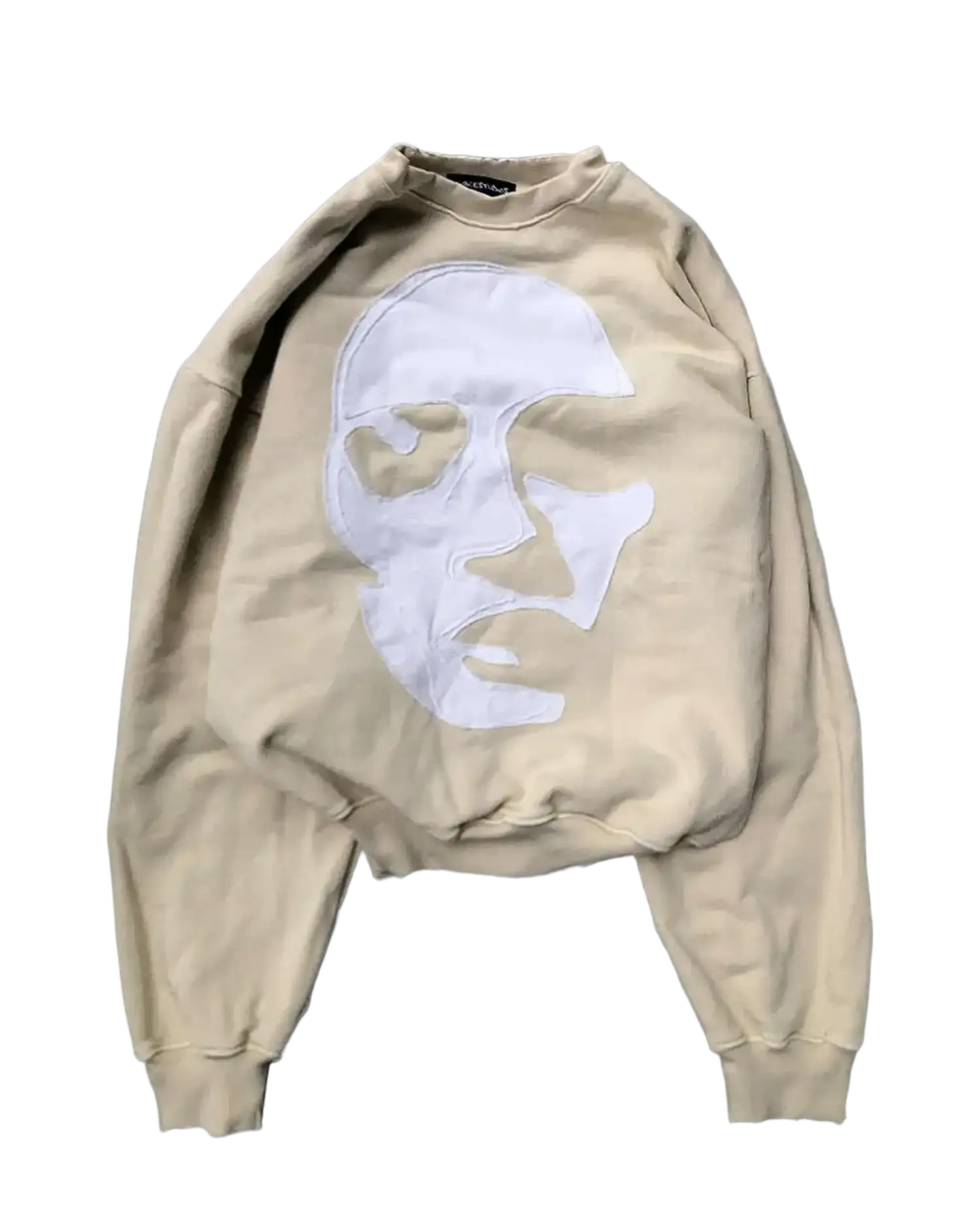 Beige oversized crewneck sweatshirt with white frayed face appliqué and dropped shoulders