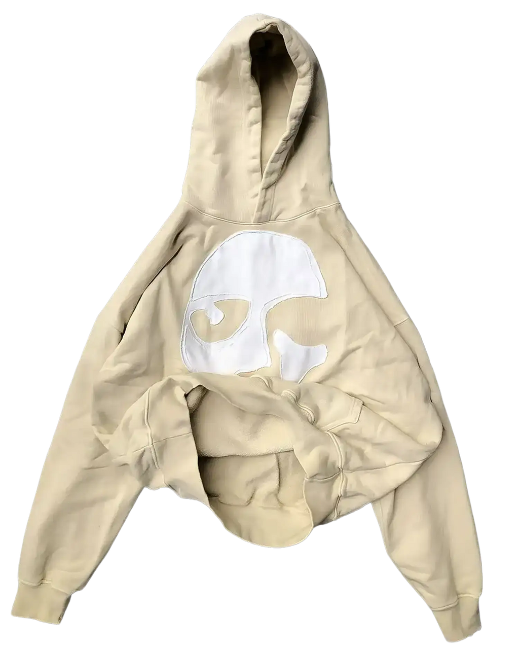 Beige hooded sweatshirt with white stitched face appliqué and relaxed dropped-shoulder fit
