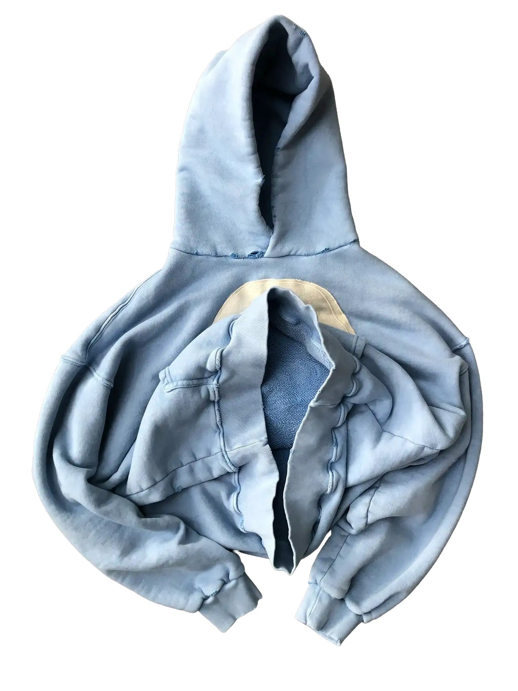 Flat lay of folded light blue Faceless sweatshirt showing centered face appliqué detail