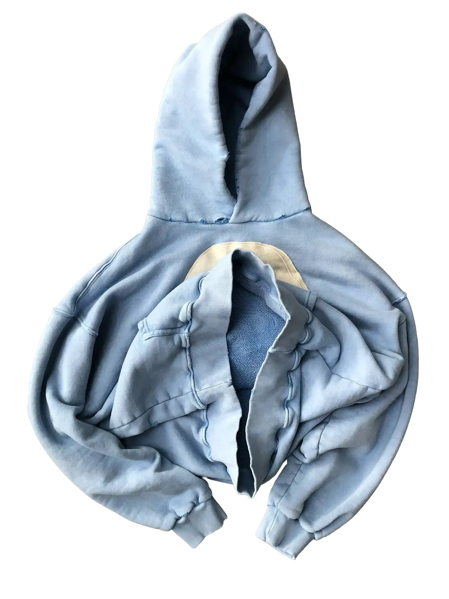 Flat lay of folded light blue Faceless sweatshirt showing centered face appliqué detail