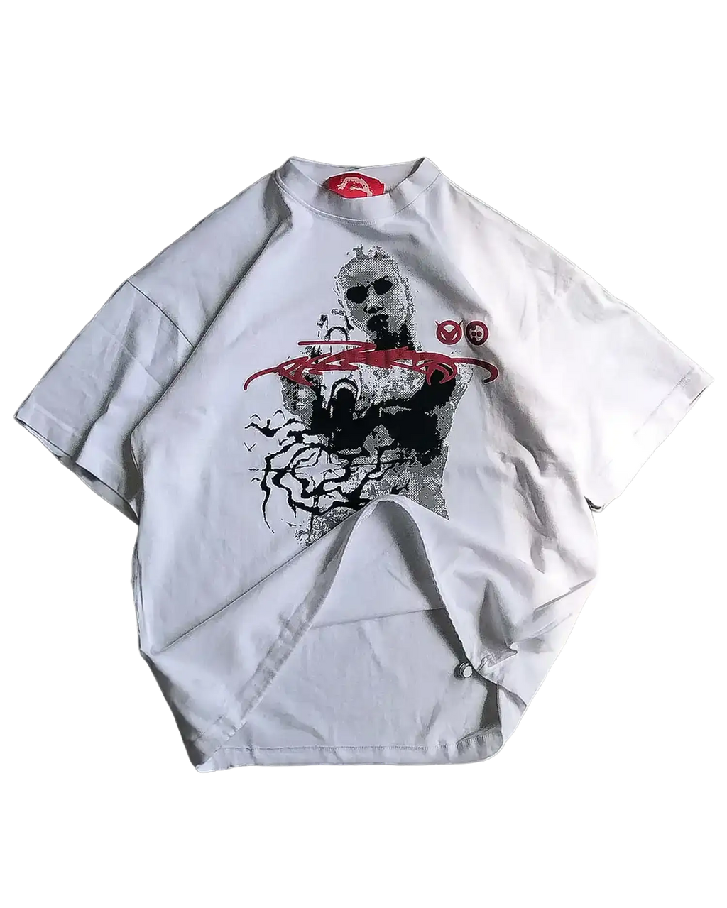 Oversized white streetwear t-shirt flat lay featuring Y2K halftone portrait and red logo graphics